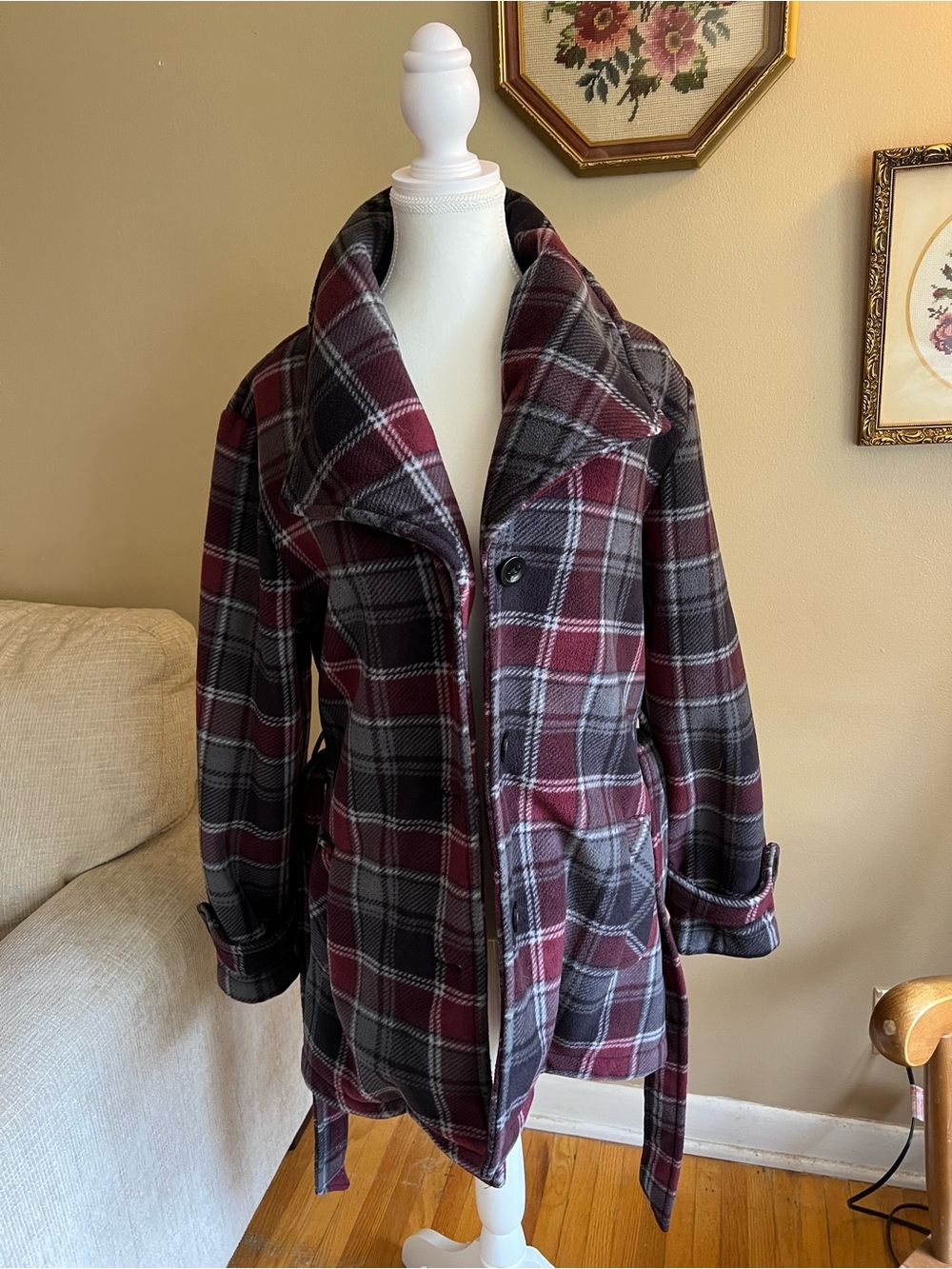 Women's Plaid Belted Pea Coat in Burgundy and Gray